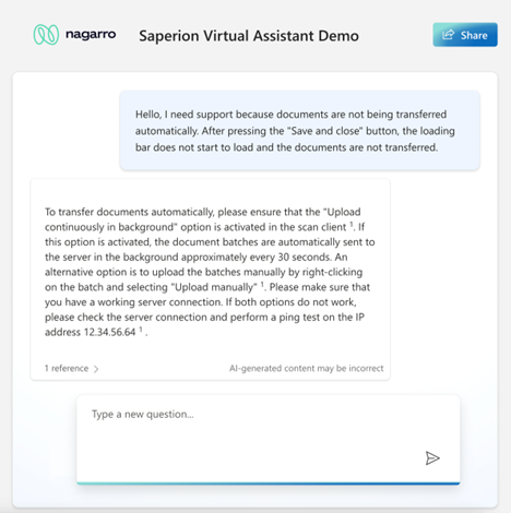Screenshot of the Saperion chatbot demo showcasing a common user query and the chatbot's response
