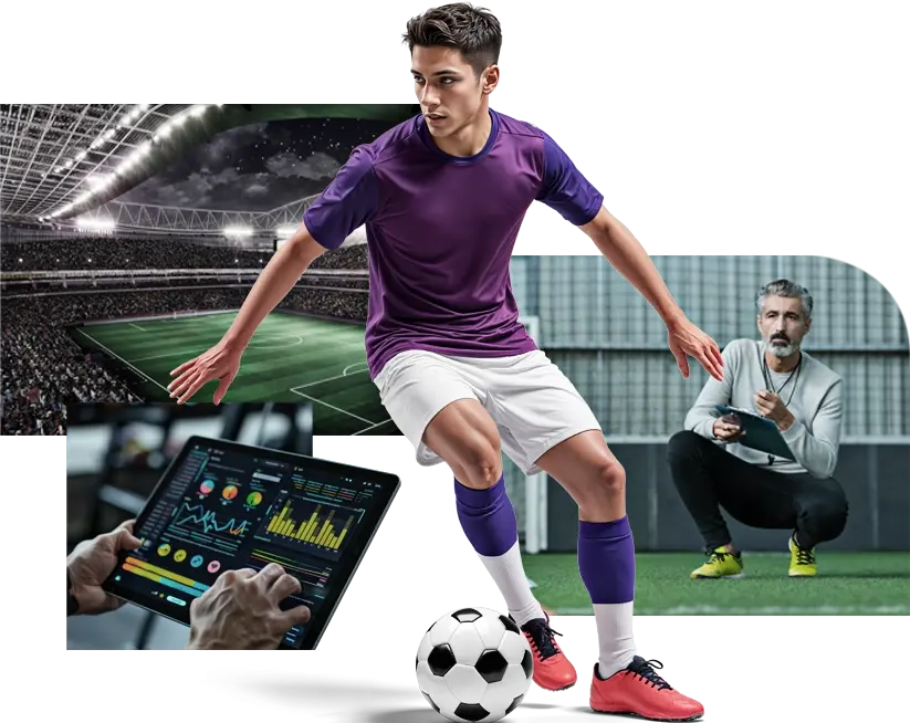 a footballer playing with a scout watching in the background with a tablet assessing performance and discovering potential talents