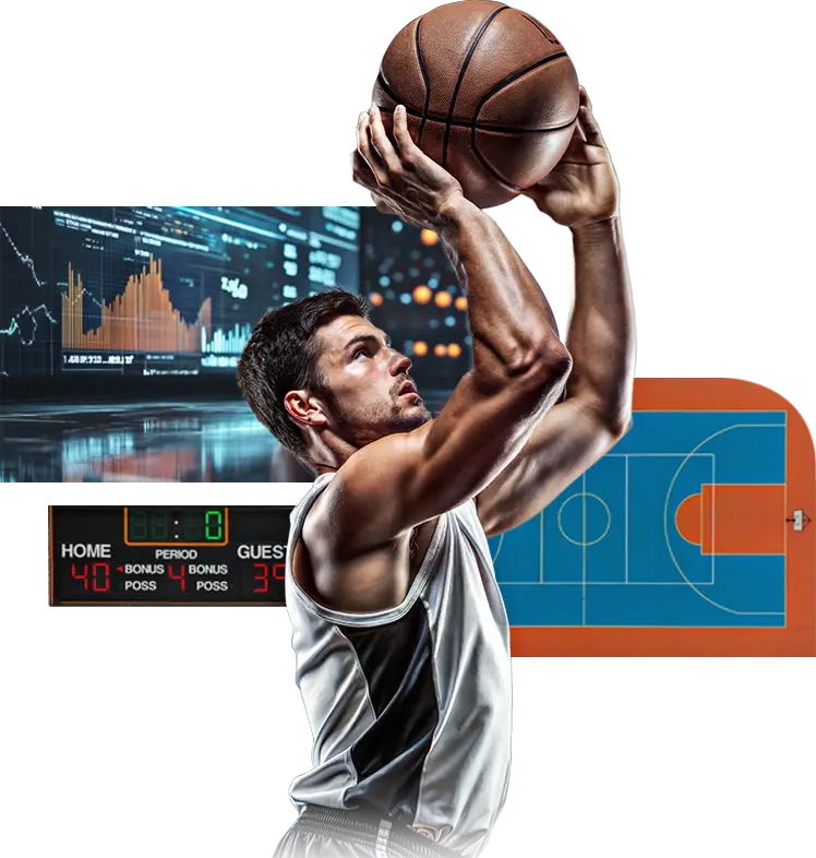 A player with basketball and AI-driven performance reports on the side