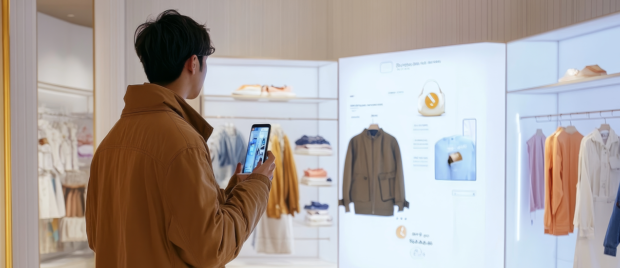 A man interacting with a virtual reality system at a retail store