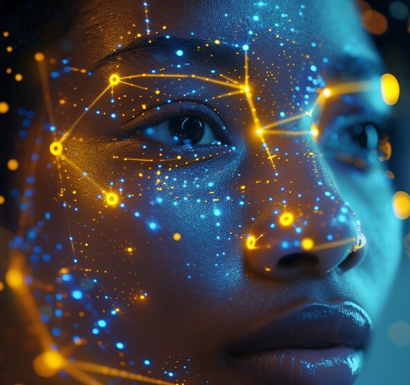 A-womans-face-with-glittering-lights showing facial recognition