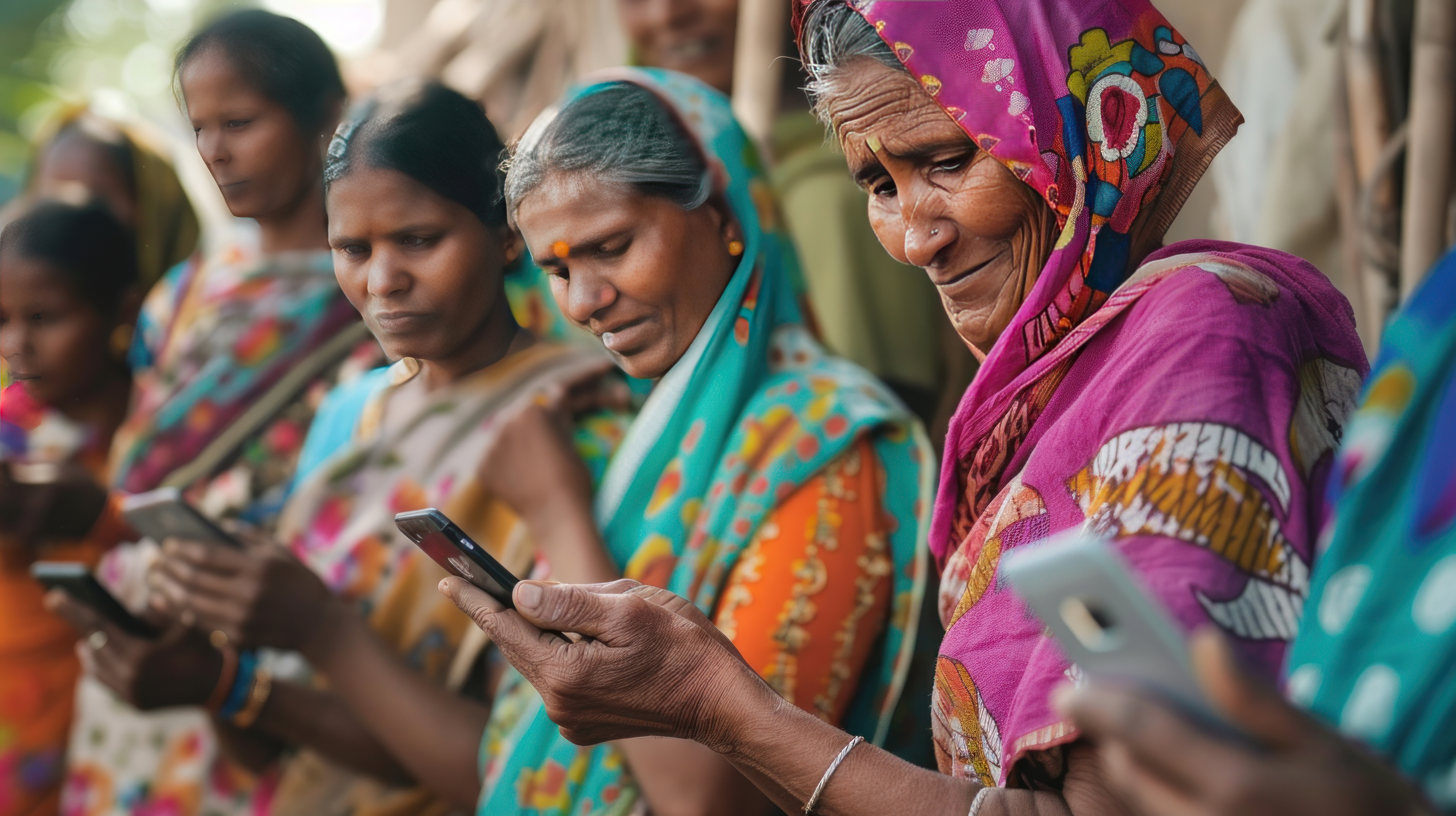 Rural women using mobile phones