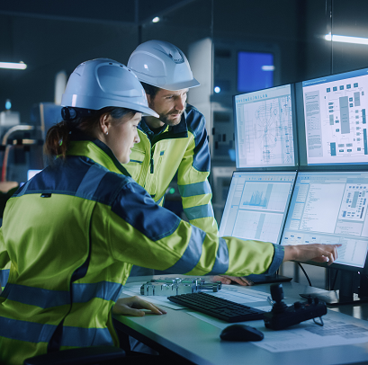 Two workers watching computer screen.