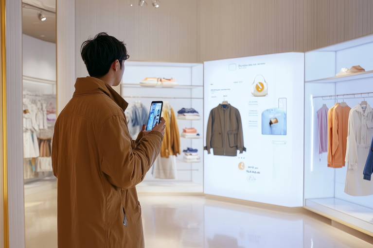 An Asian man interacting with a virtual reality system at a retail store