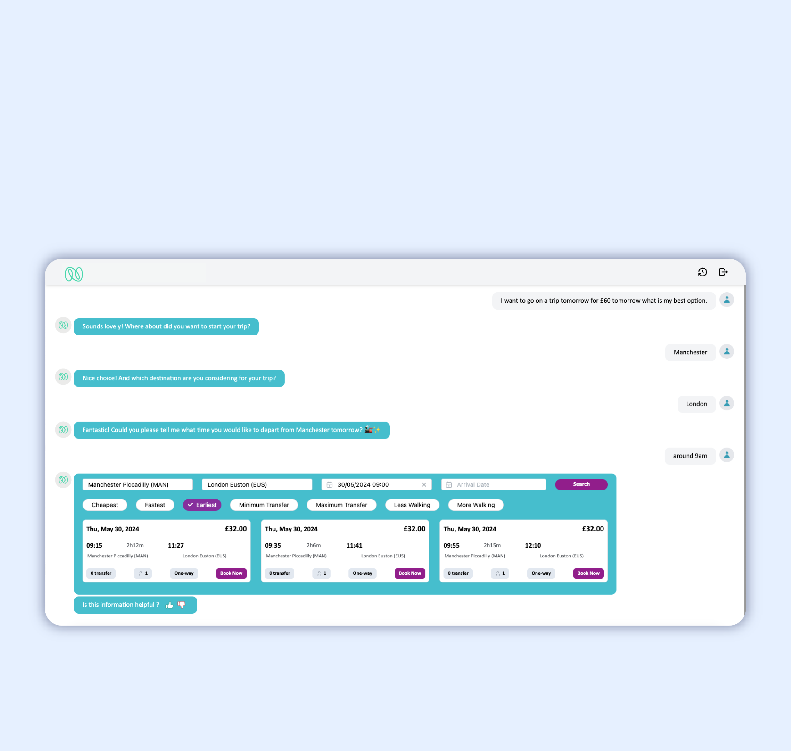 Nagarro's AI journey planner app UX/UI.