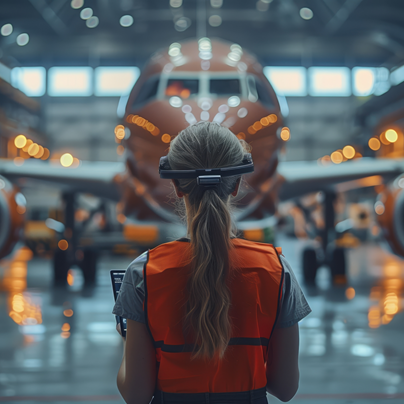 A women standing in front of big airplane.