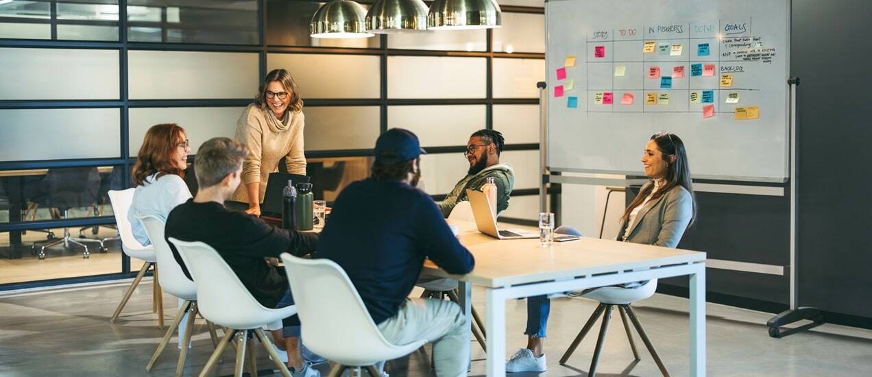 Diverse group of people brainstorming about change management