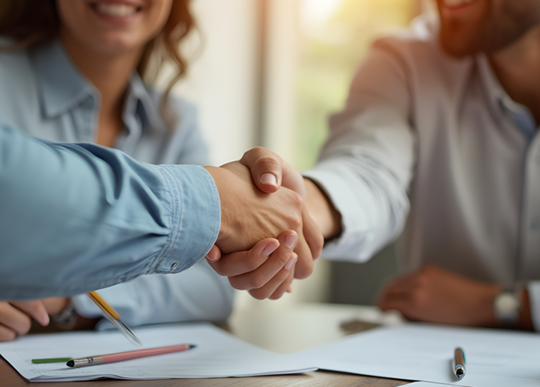 HR management shaking hands with employee_mobile banner