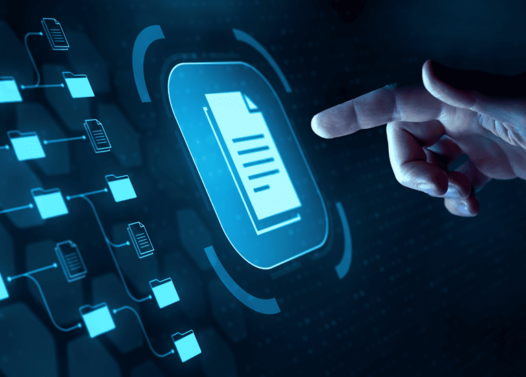 Hand touching virtual folders depicting gen-ai driven knowledge management_m