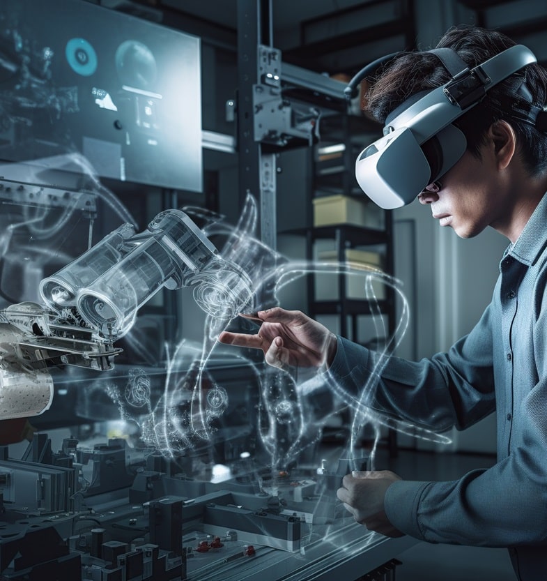 A man working in a manufacturing setup wearing VR glasses