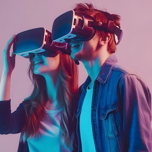 A man and a woman wearing VR glasses