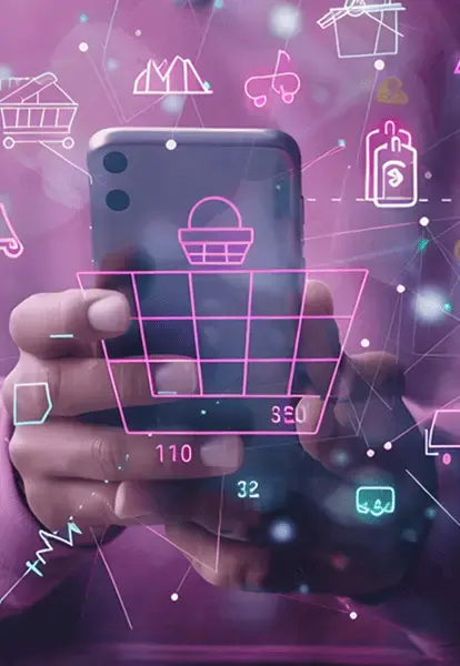 Person with a mobile phone and retail icons in the foreground