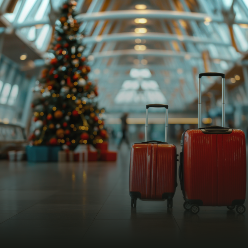 A couple of travel suitcases with the airport decorated for the holidays