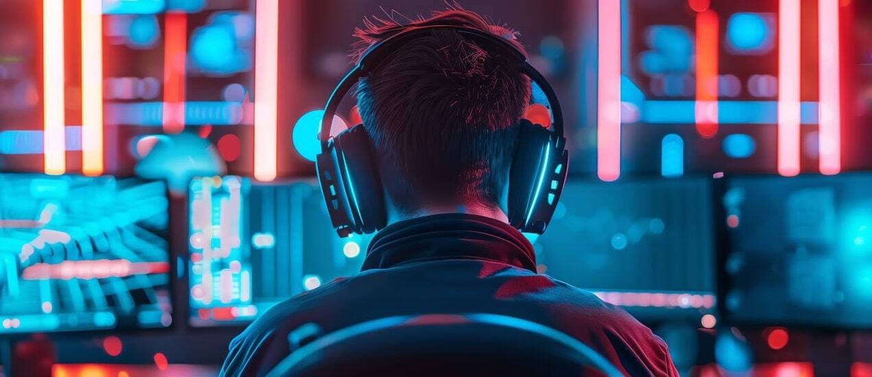 A man wearing headset and playing game in his computer.