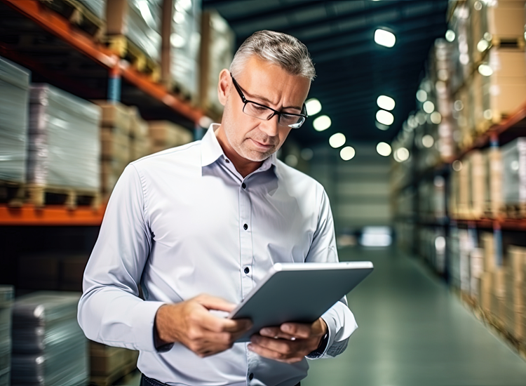 A man watching his tablet in a warehouse.